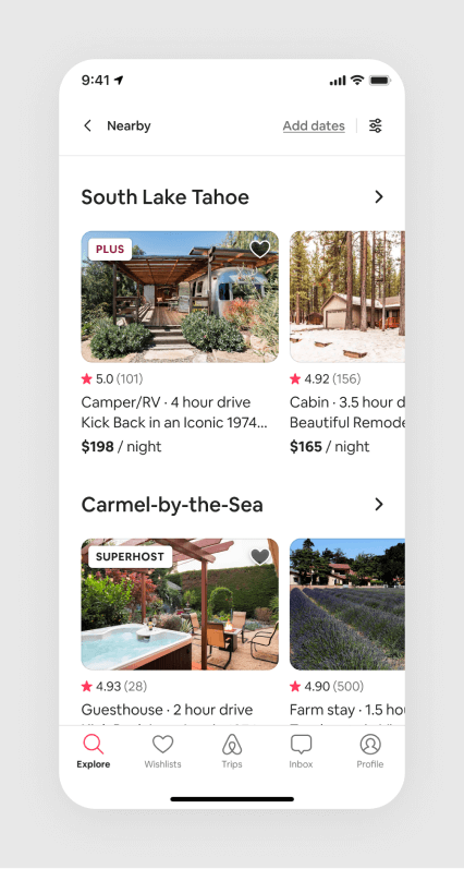 Screenshot of a nearby search results page with two sections showing unique stays in South Lake Tahoe and Carmel-by-the-Sea