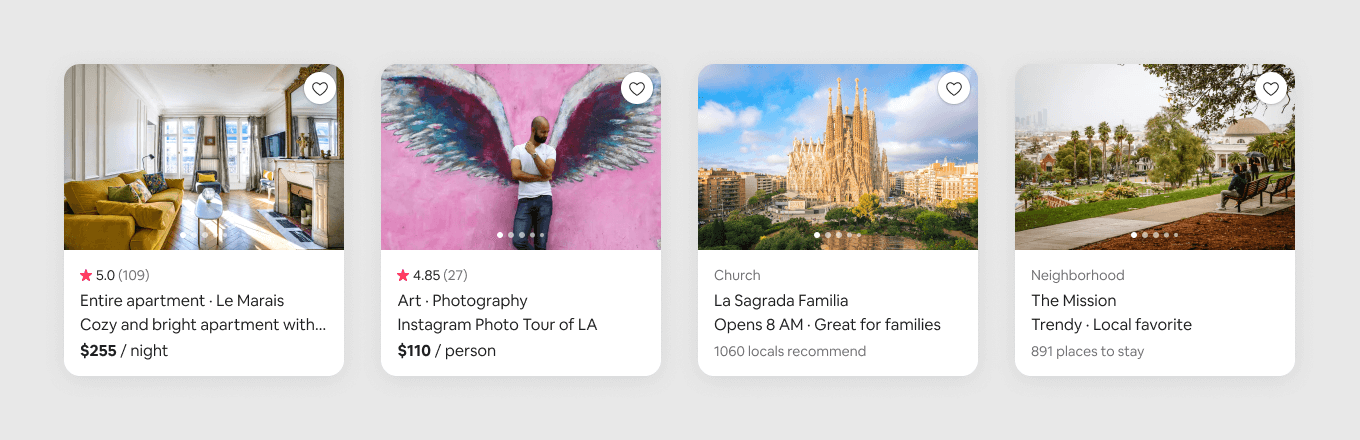 Four that contain a photo, title, and details about stays, experiences, places, and neighborhoods that appear on the map