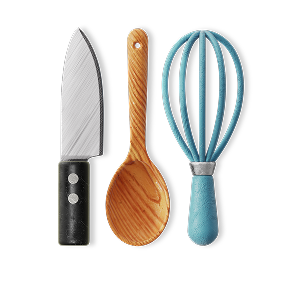 Chef's knife, wooden spoon, and whisk